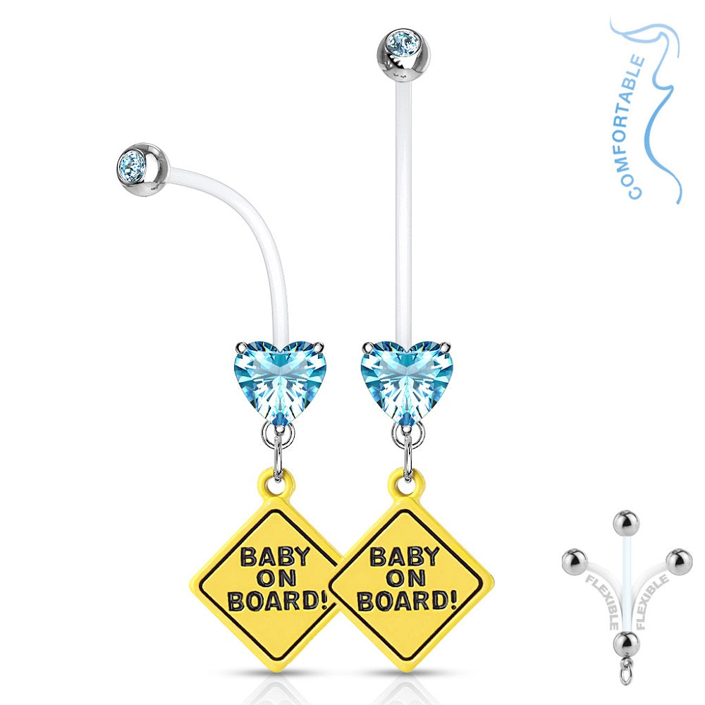 Double Jeweled Heart Baby on Board Dangle Pregnancy Maternity Belly Button Ring Retainer - Stainless Steel