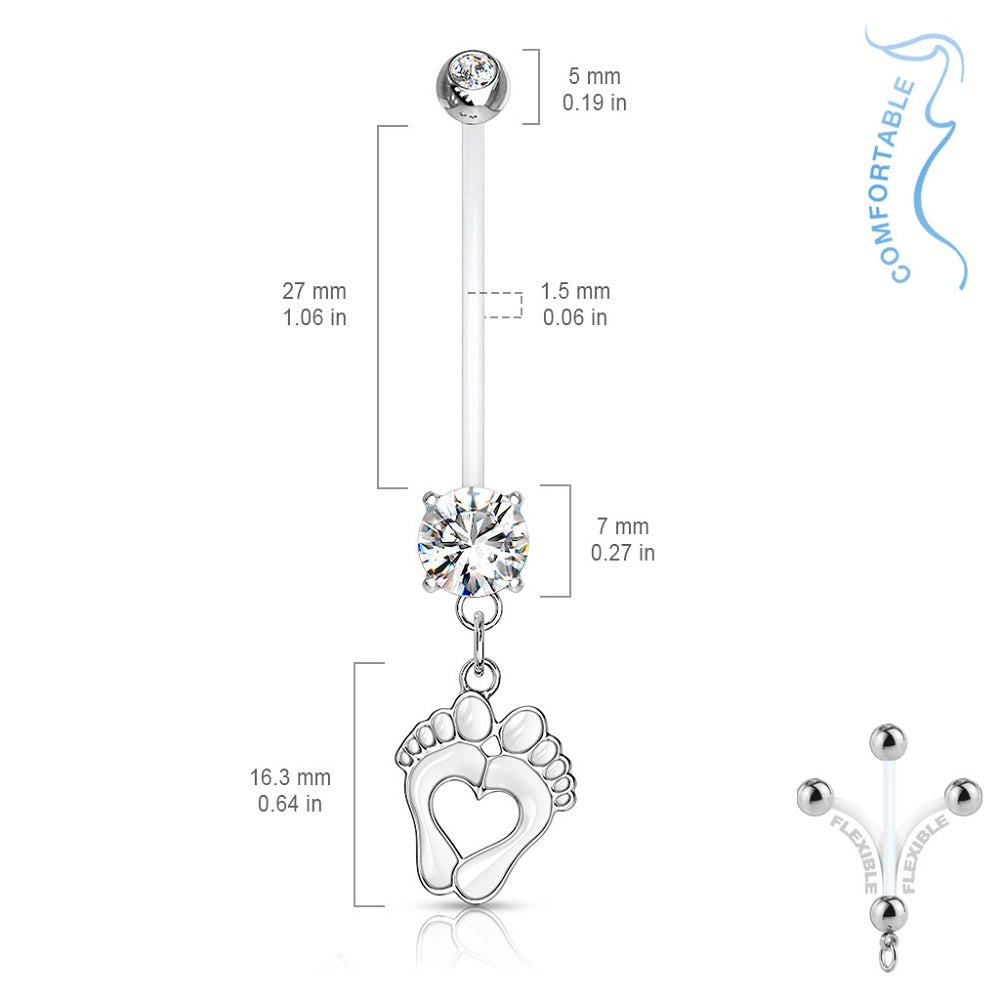 Double Jeweled Heart Baby Feet Dangle Pregnancy Maternity Belly Button Ring Retainer - Stainless Steel