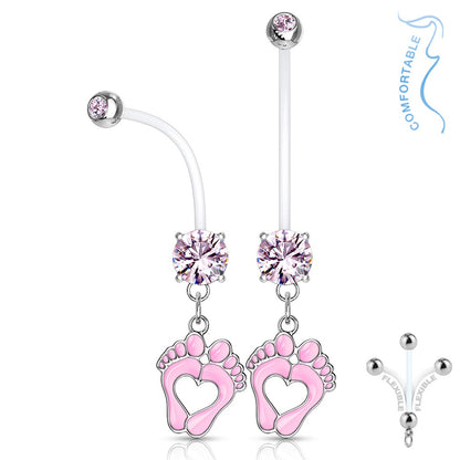Double Jeweled Heart Baby Feet Dangle Pregnancy Maternity Belly Button Ring Retainer - Stainless Steel
