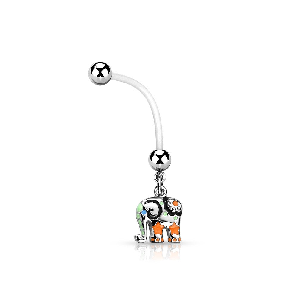 Colorful Elephant Dangling Pregnancy Belly Button Ring - Bioflex and 316L Stainless Steel