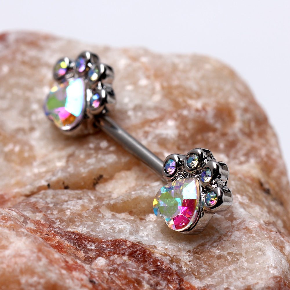 Aurora Borealis CZ Crystal Dog Paw Nipple Barbells - 316L Stainless Steel - Pair
