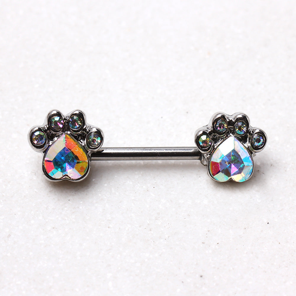 Aurora Borealis CZ Crystal Dog Paw Nipple Barbells - 316L Stainless Steel - Pair