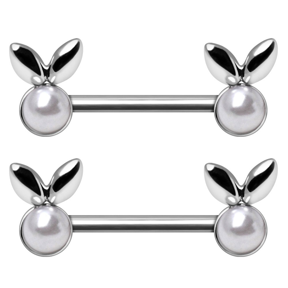 White Faux Pearl Bunny Nipple Barbells - 316L Stainless Steel - Pair
