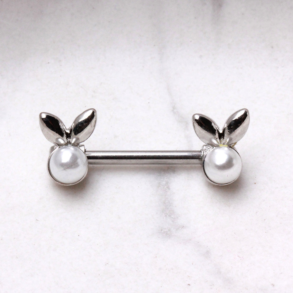 White Faux Pearl Bunny Nipple Barbells - 316L Stainless Steel - Pair