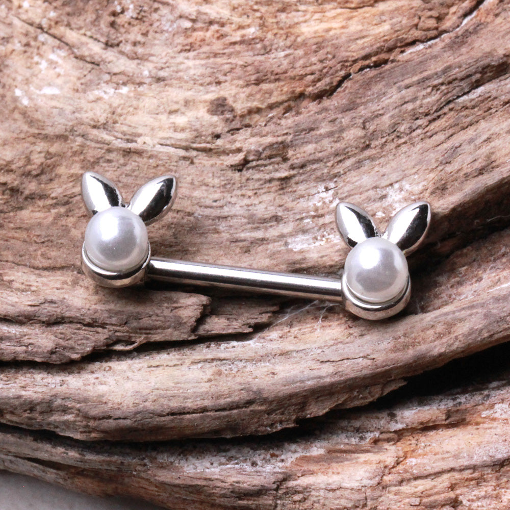 White Faux Pearl Bunny Nipple Barbells - 316L Stainless Steel - Pair