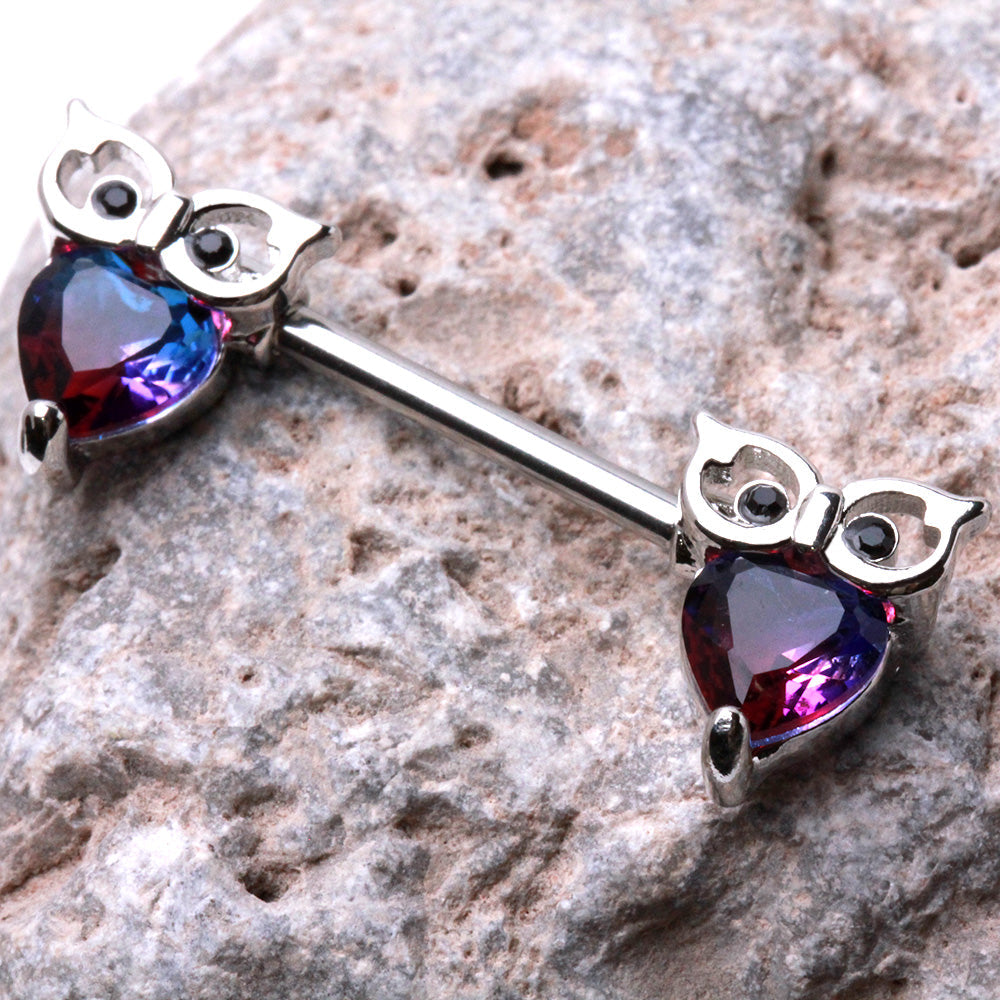 Red and Blue Ombre Crystal Owl Nipple Barbells - 316L Stainless Steel - Pair