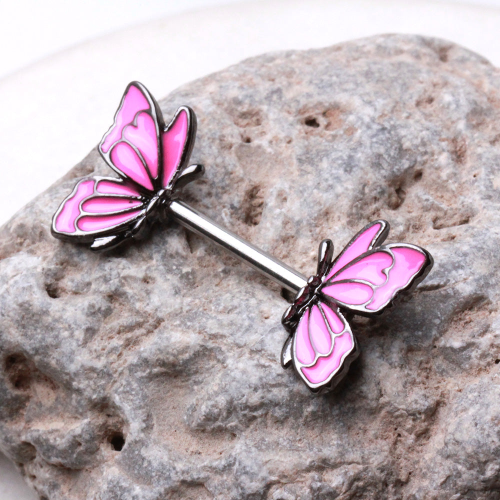 Hot Pink Butterfly Ends Nipple Barbells, Sold as a Pair - 316L Stainless Steel