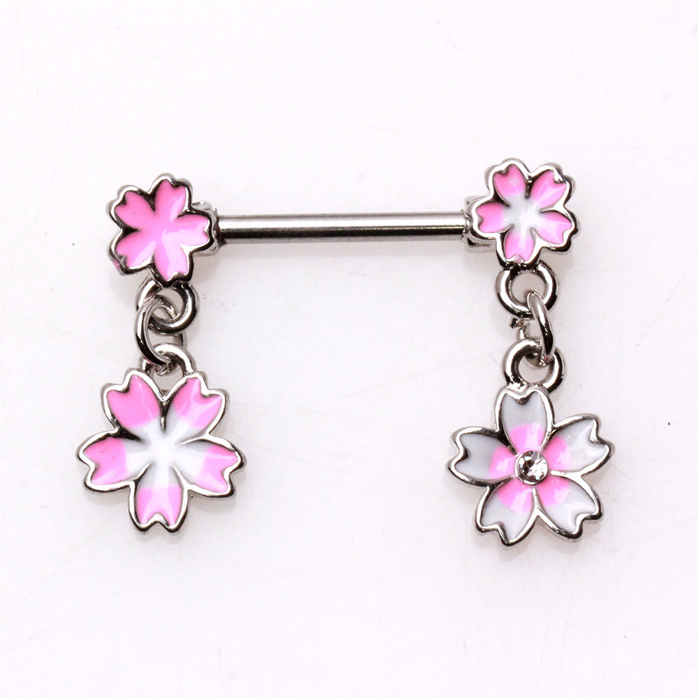 Pink Flower Dangling Nipple Barbells - 316L Stainless Steel - Pair