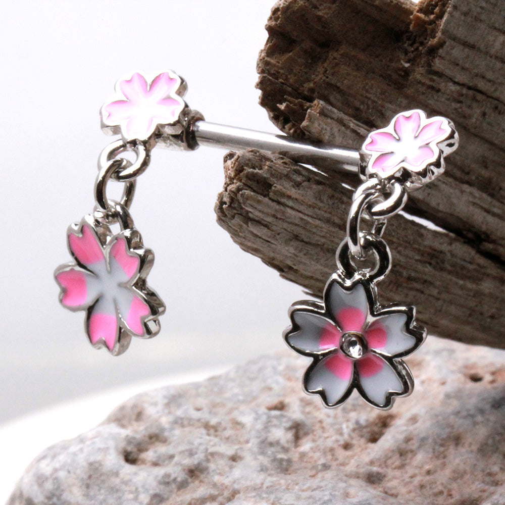 Pink Flower Dangling Nipple Barbells - 316L Stainless Steel - Pair