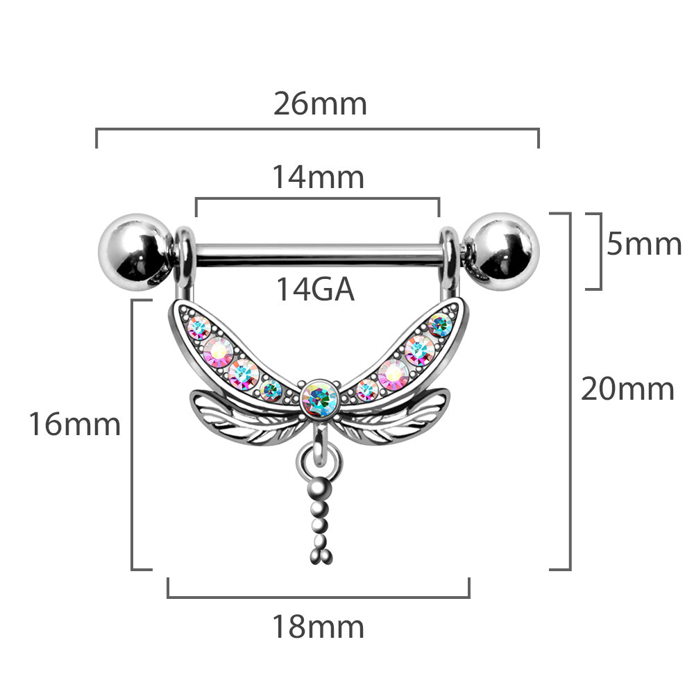 CZ Crystal Aurora Borealis Dragonfly Dangling Nipple Barbells - Pair - 316L Stainless Steel