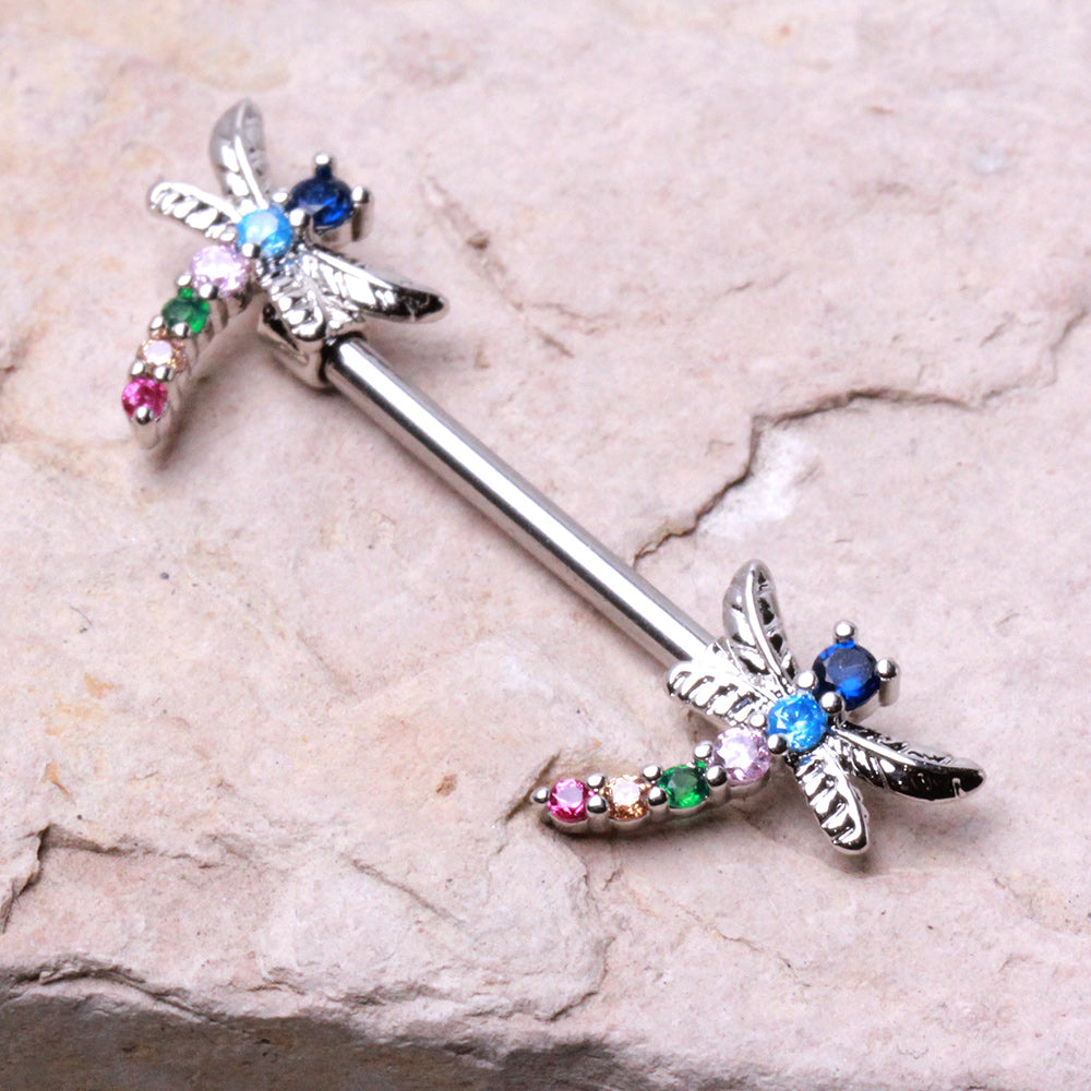 Rainbow CZ Crystal Dragonfly Nipple Barbells - Pair - 316L Stainless Steel