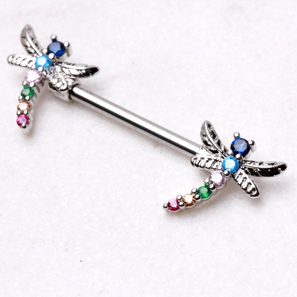 Rainbow CZ Crystal Dragonfly Nipple Barbells - Pair - 316L Stainless Steel