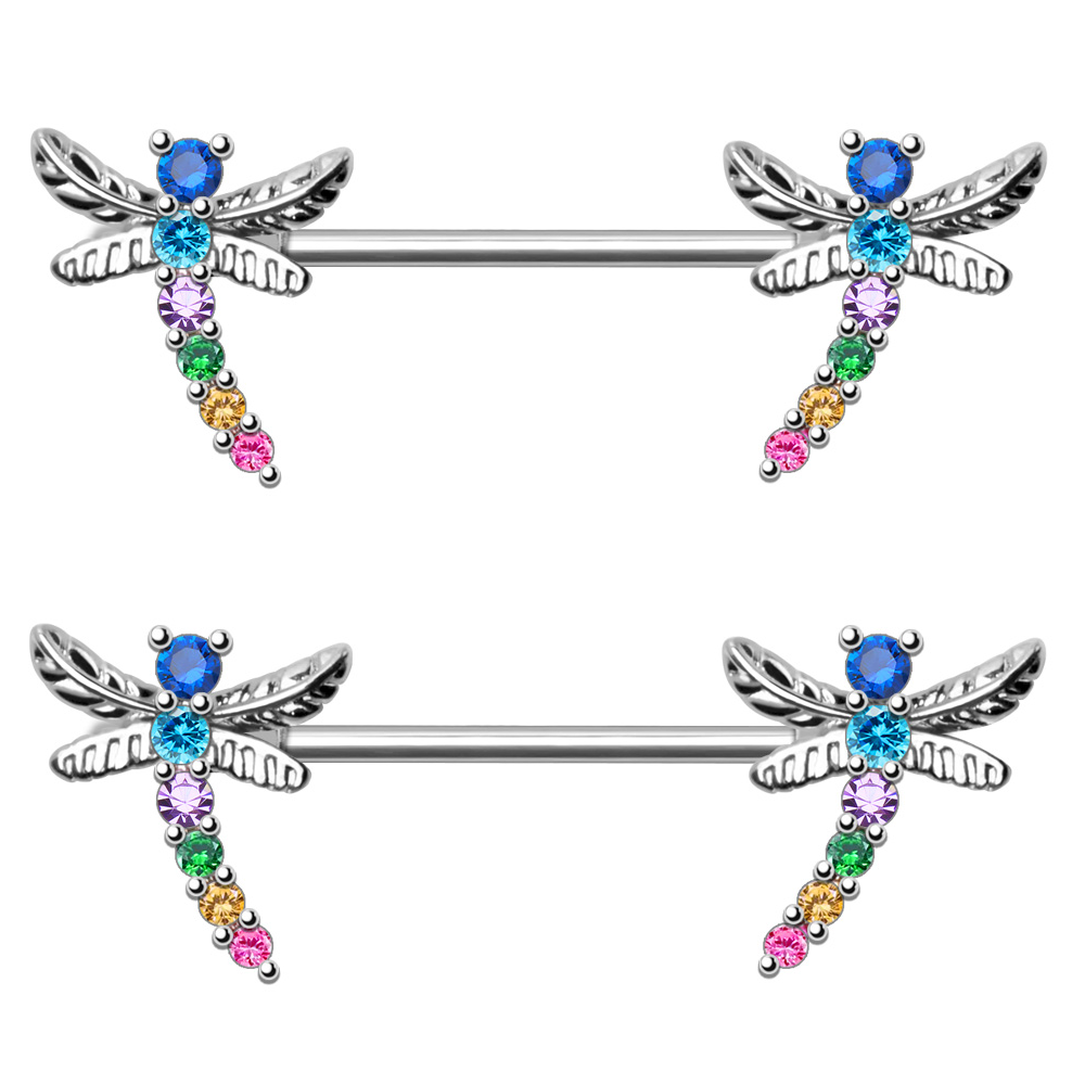 Rainbow CZ Crystal Dragonfly Nipple Barbells - Pair - 316L Stainless Steel