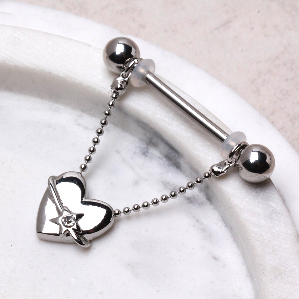 Dangling Heart Chain Nipple Barbells - Pair - 316L Stainless Steel