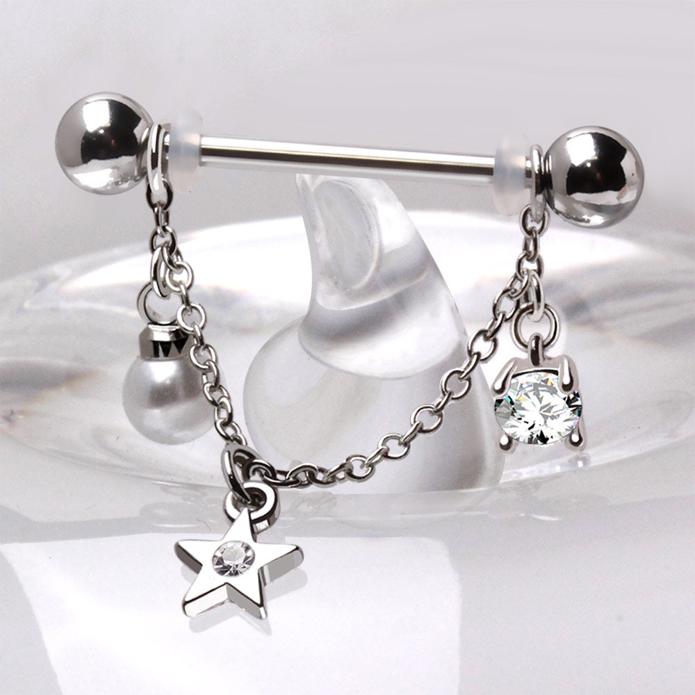 Dangling Chain with Star, Crystal, and Faux Pearl Nipple Barbells - Pair - 316L Stainless Steel