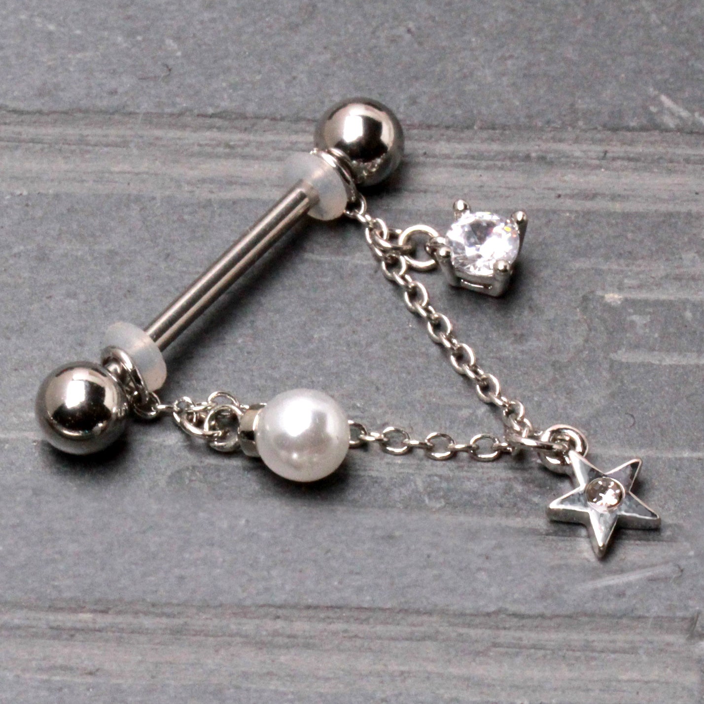 Dangling Chain with Star, Crystal, and Faux Pearl Nipple Barbells - Pair - 316L Stainless Steel
