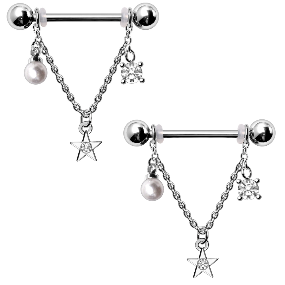 Dangling Chain with Star, Crystal, and Faux Pearl Nipple Barbells - Pair - 316L Stainless Steel