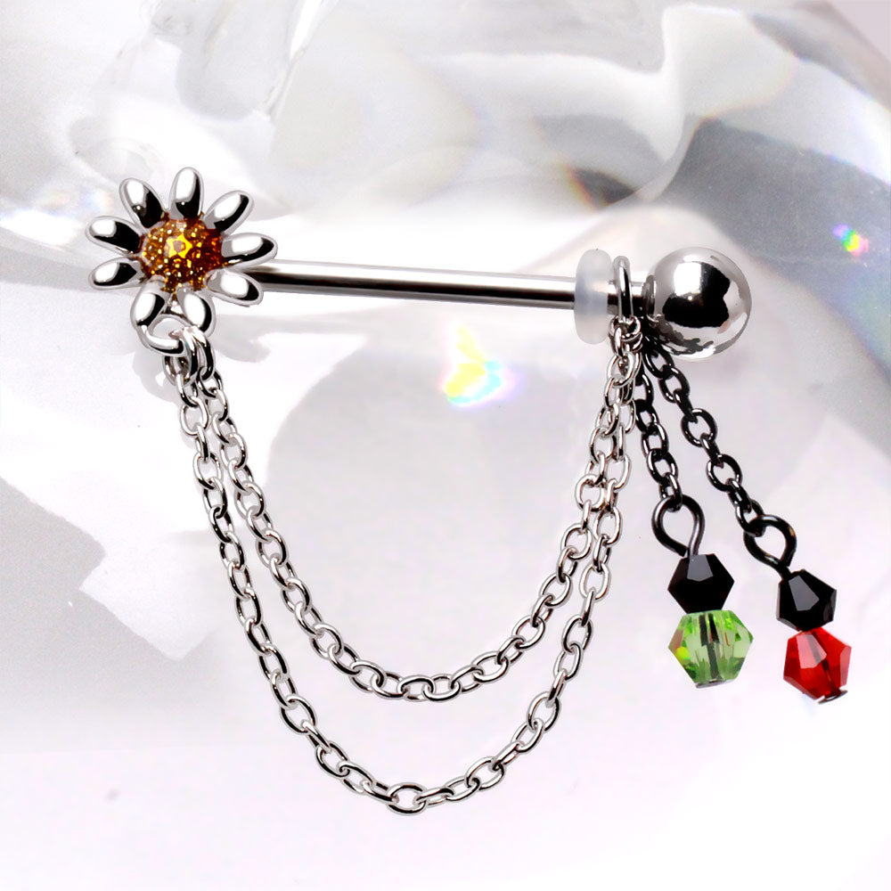 Flower with Dangling Chains and Beads Nipple Barbells - Pair - 316L Stainless Steel