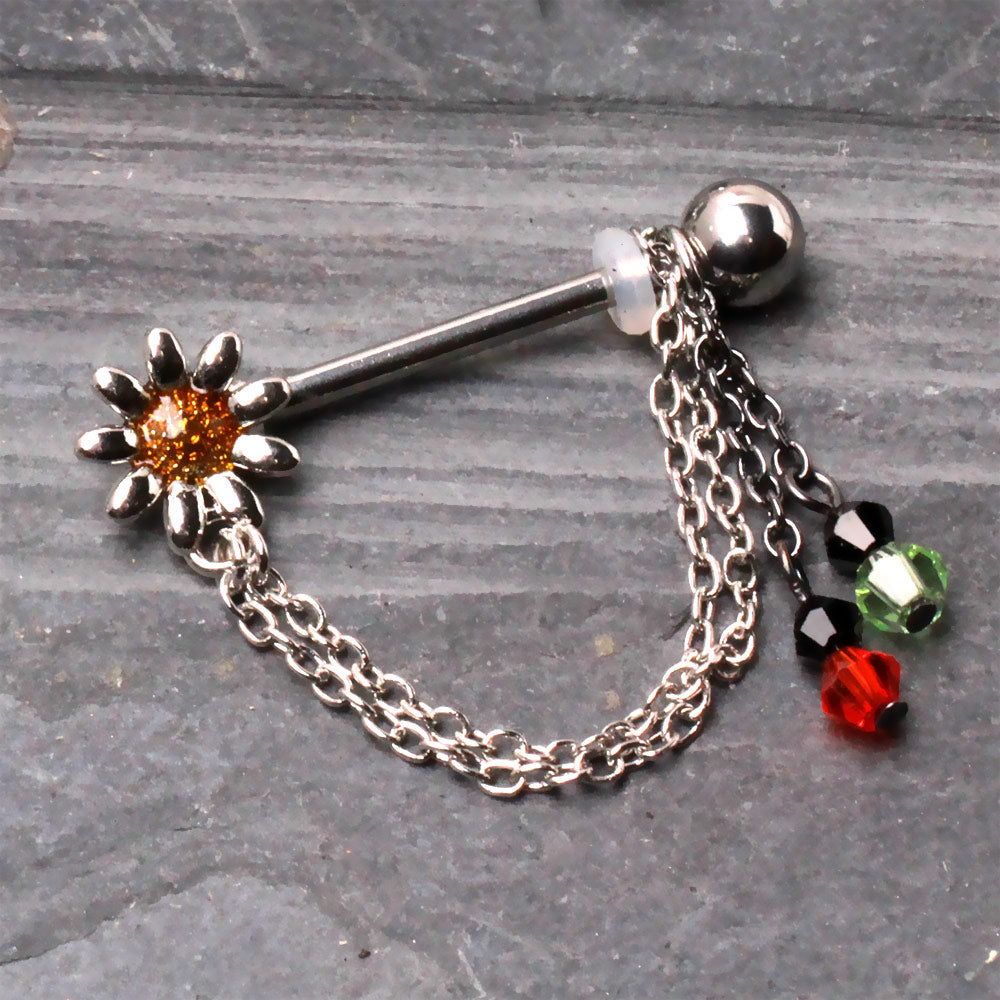 Flower with Dangling Chains and Beads Nipple Barbells - Pair - 316L Stainless Steel