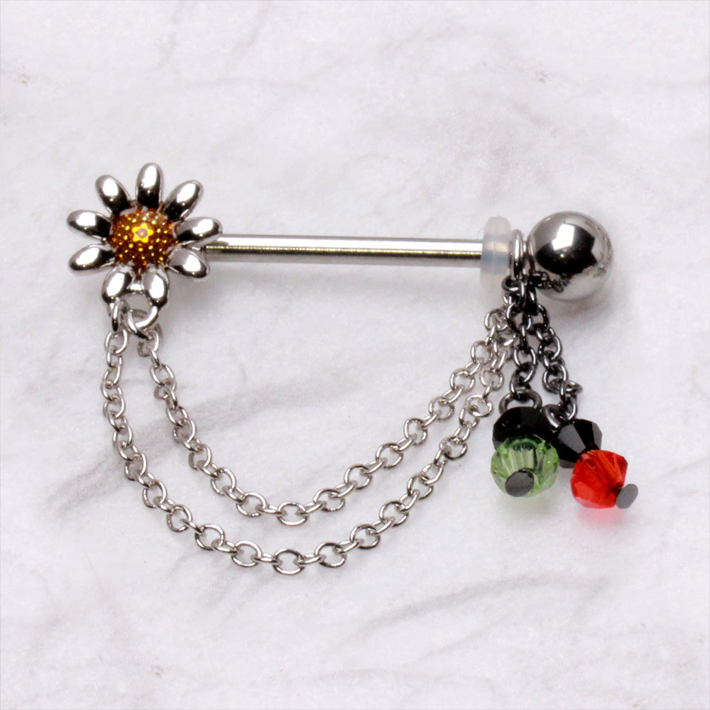 Flower with Dangling Chains and Beads Nipple Barbells - Pair - 316L Stainless Steel