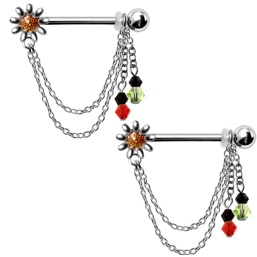 Flower with Dangling Chains and Beads Nipple Barbells - Pair - 316L Stainless Steel