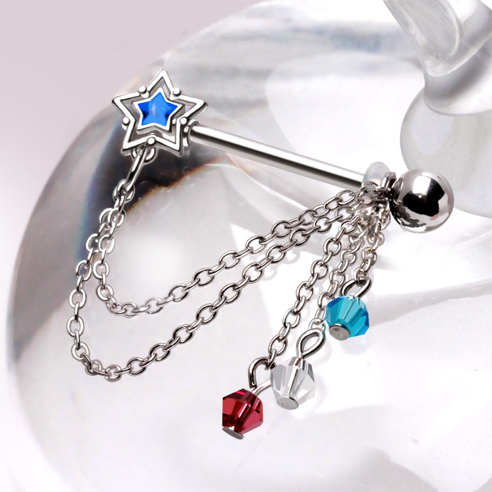 Blue Star with Dangling Chains and Beads Nipple Barbells - Pair - 316L Stainless Steel