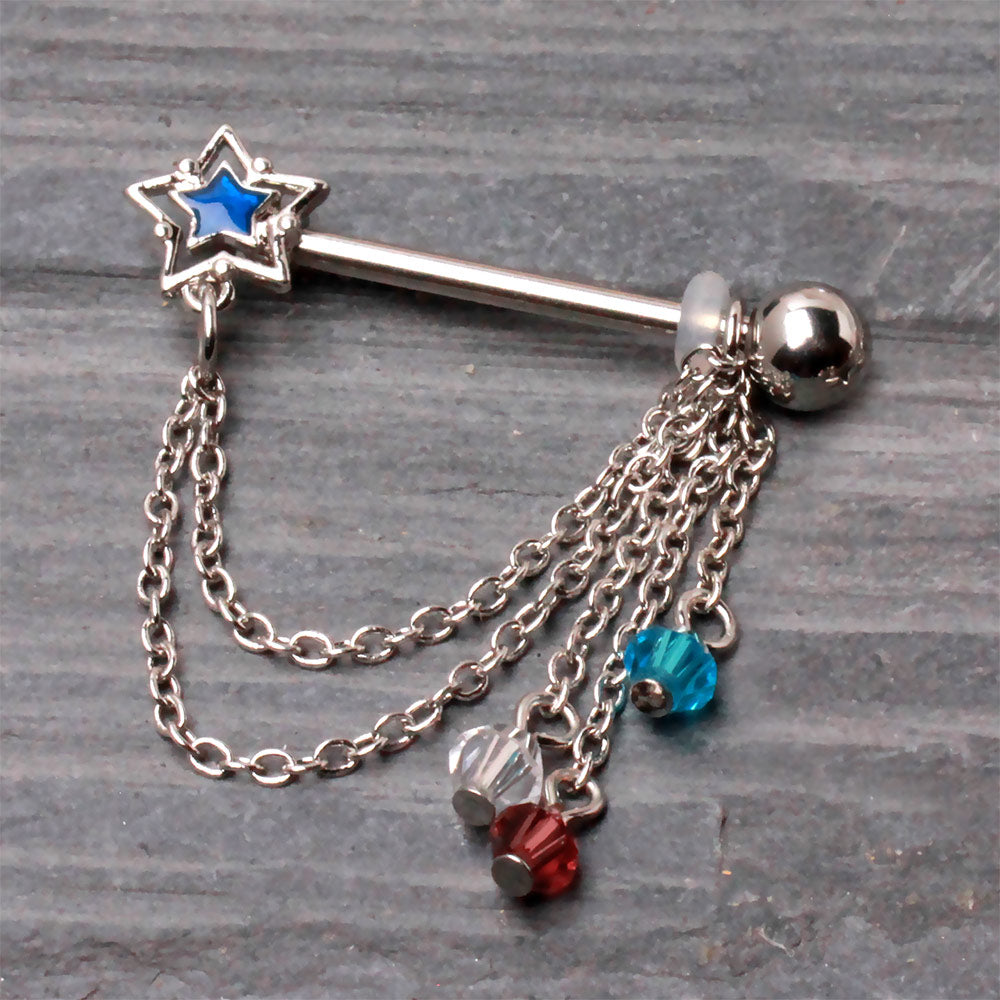 Blue Star with Dangling Chains and Beads Nipple Barbells - Pair - 316L Stainless Steel
