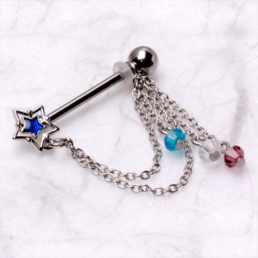 Blue Star with Dangling Chains and Beads Nipple Barbells - Pair - 316L Stainless Steel