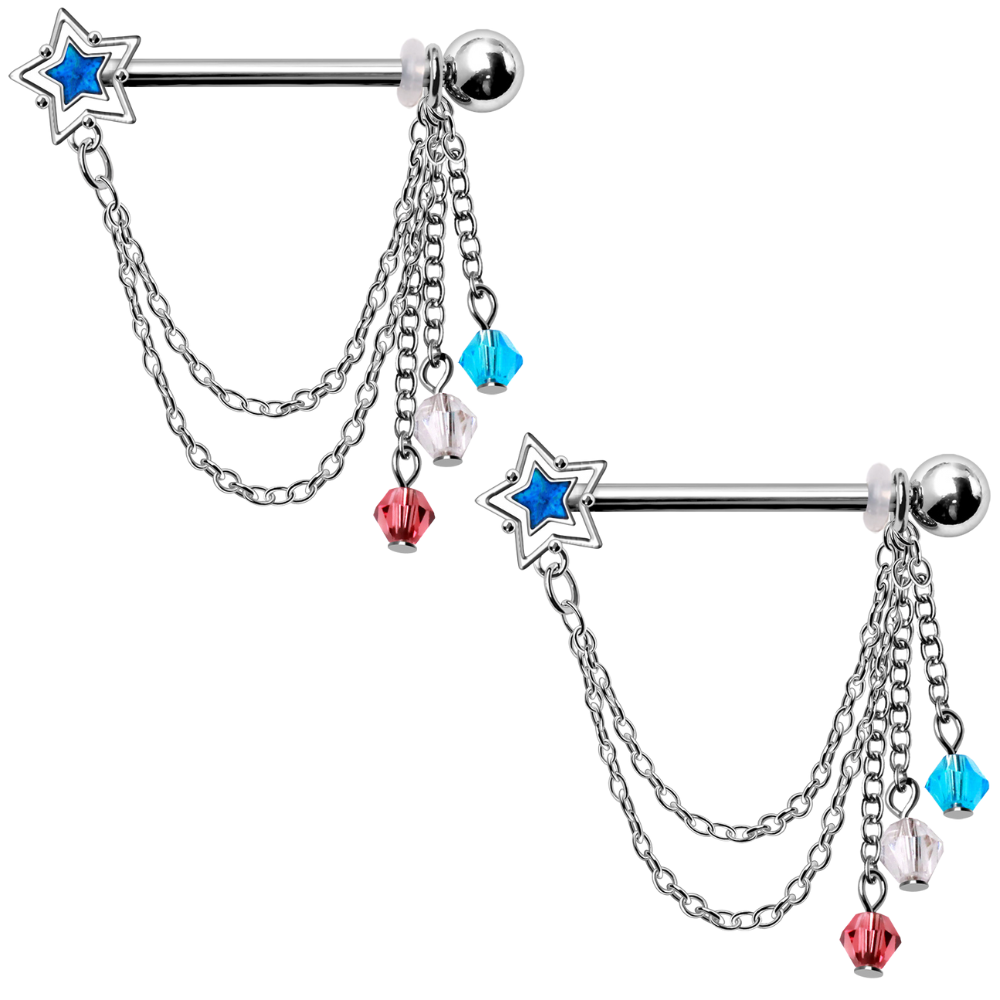 Blue Star with Dangling Chains and Beads Nipple Barbells - Pair - 316L Stainless Steel