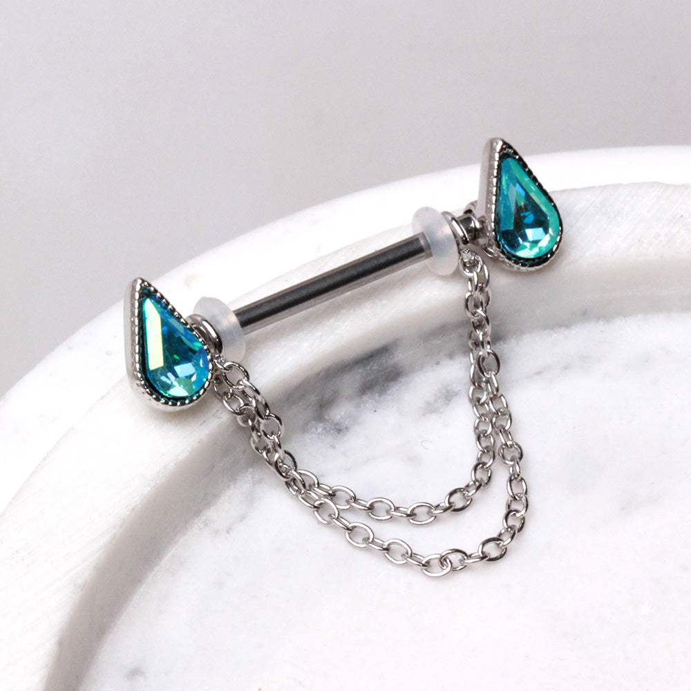 Aqua Teardrop Crystals with Dangling Chains Nipple Barbells - Pair - 316L Stainless Steel