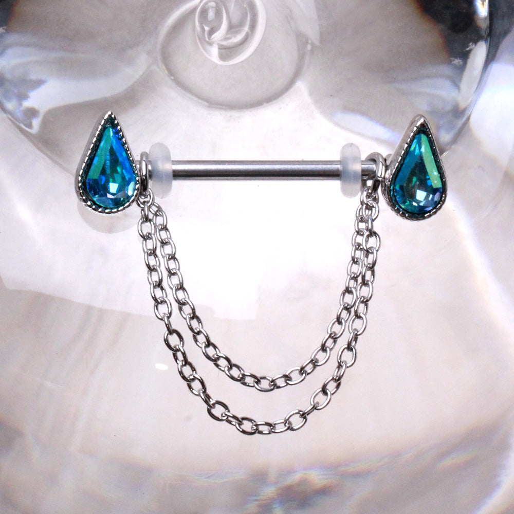 Aqua Teardrop Crystals with Dangling Chains Nipple Barbells - Pair - 316L Stainless Steel