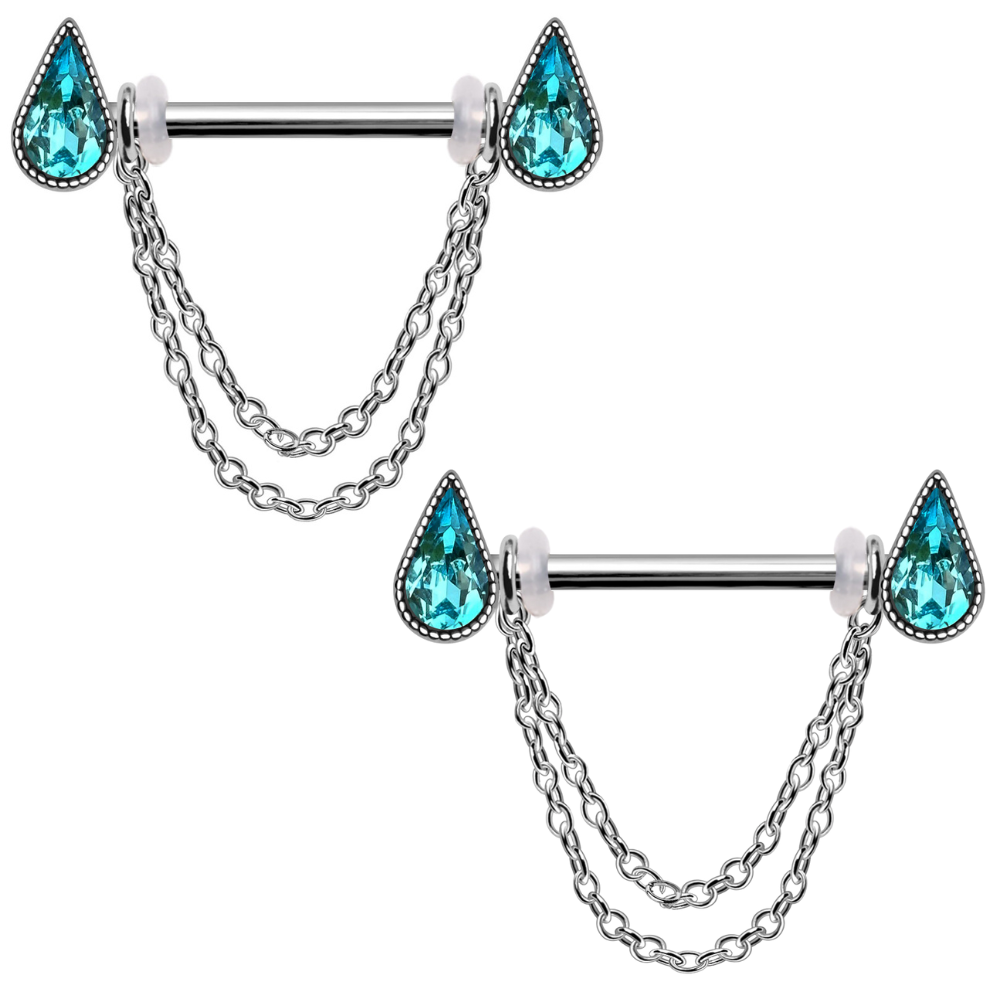 Aqua Teardrop Crystals with Dangling Chains Nipple Barbells - Pair - 316L Stainless Steel