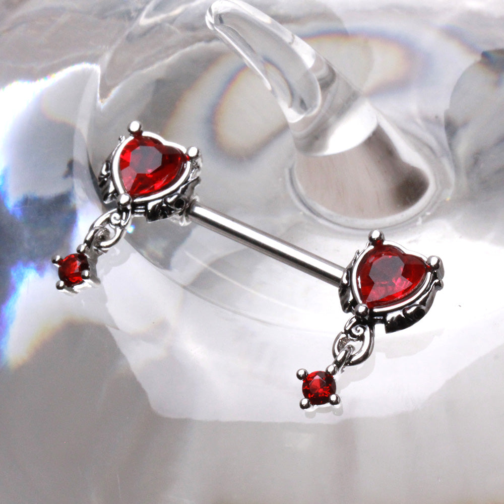 Gothic Red CZ Crystal Heart with Dangling Gems Nipple Barbells - Pair - 316L Stainless Steel