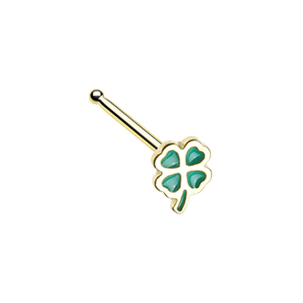 Feeling Lucky Four Leaf Clover Shamrock Gold Plated Nose Bone Stud - Stainless Steel