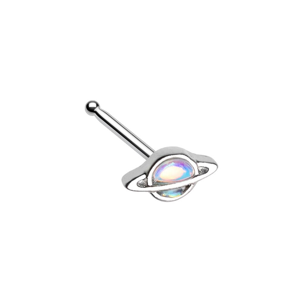 Illuminating Moonstone Saturn Planet Dainty Nose Bone Stud - Stainless Steel