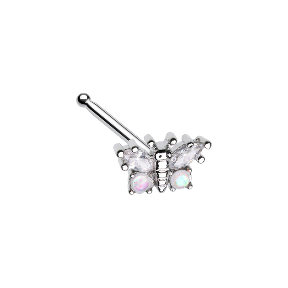 Synthetic Opal and CZ Crystal Butterfly Nose Bone Stud - Stainless Steel