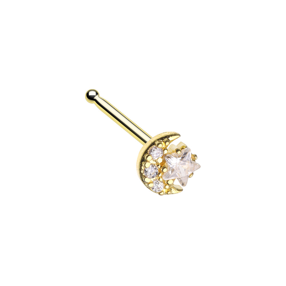 Gold Tone Moon and CZ Crystal Star Nose Bone Stud - Stainless Steel