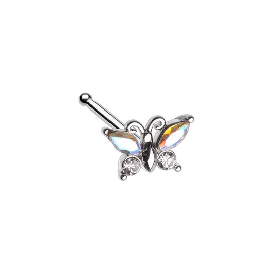 Iridescent Aurora Borealis Crystal Butterfly Nose Bone Stud - Stainless Steel