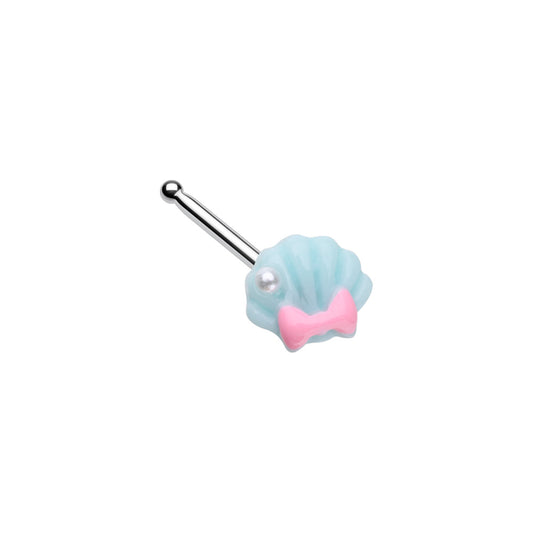 Pastel Blue Kawaii Shell with Pink Bow Nose Bone Stud - Stainless Steel