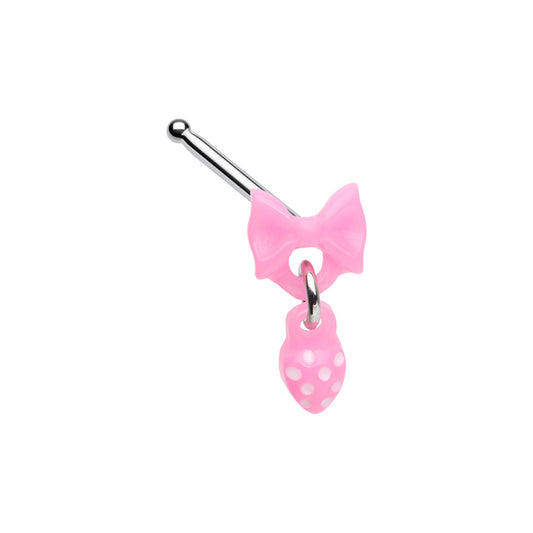 Pink Bow with Dangling Strawberry Nose Bone Stud - Stainless Steel