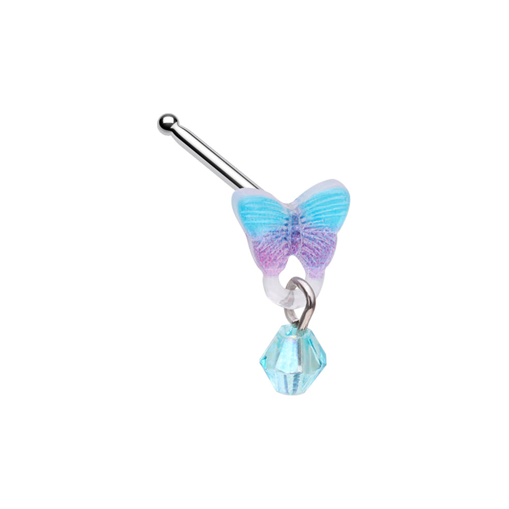 Kawaii Butterfly with Dangling Bead Nose Bone Stud - Stainless Steel