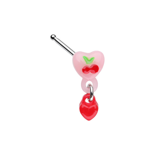 Pink Cherry Heart with Dangling Red Heart Nose Bone Stud - Stainless Steel