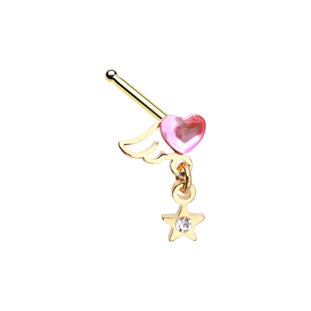 Crystal Winged Pink Heart with Dangling Star Nose Bone Stud - Gold Plated Stainless Steel