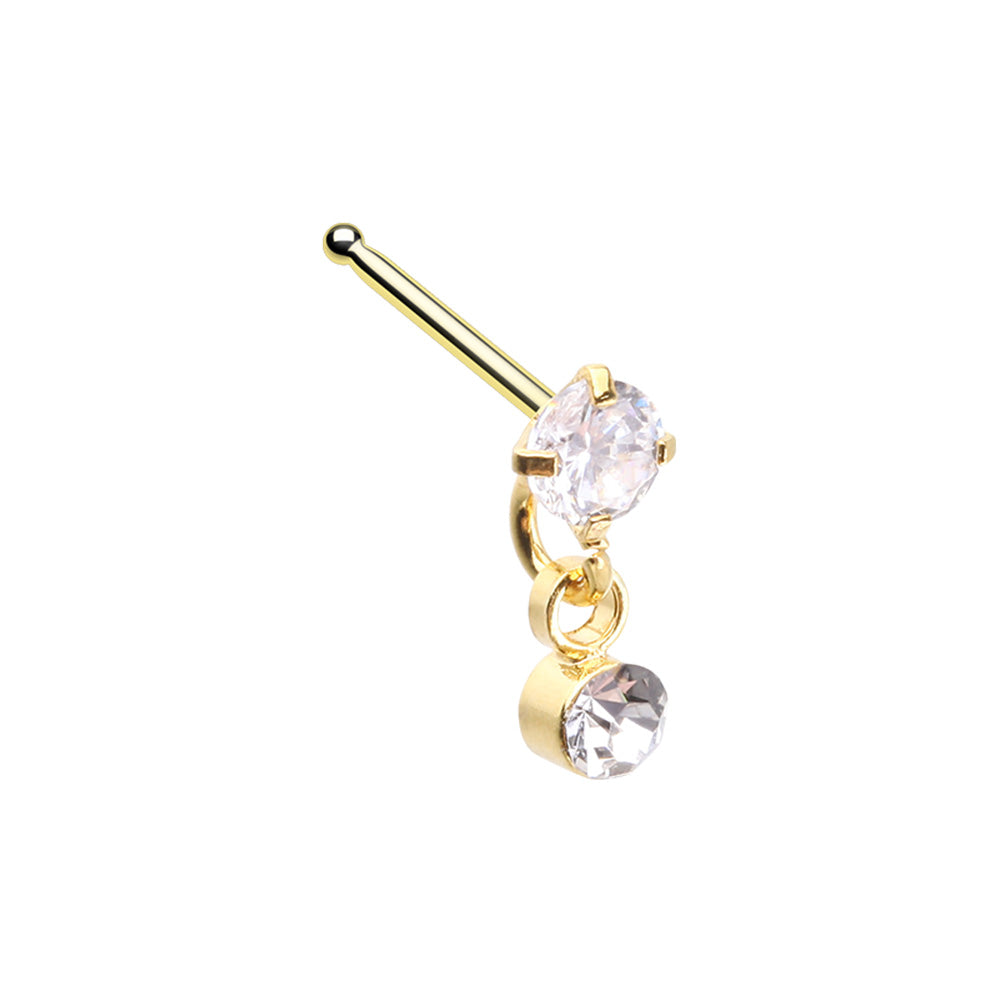 Double Crystal with Dangling Gem Nose Bone Stud - Gold Plated Stainless Steel