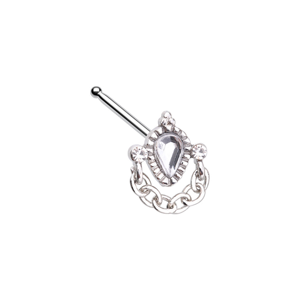 Ornate Victorian Gem with Dangling Chain Nose Bone Stud - Stainless Steel