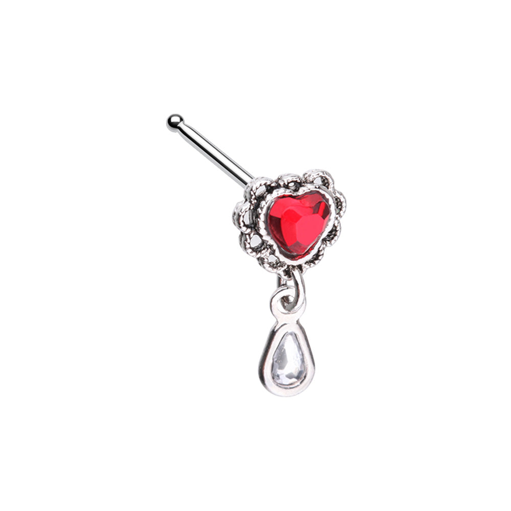 Red Heart with Dangling Gem Nose Bone Stud - Stainless Steel