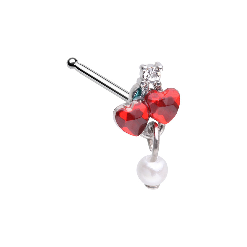 Heart Cherry Gem with Dangling Faux Pearl Nose Bone Stud - Stainless Steel