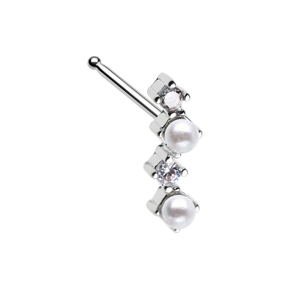 CZ Crystal and Synthetic Pearls Zig Zag Nose Bone Stud - 316L Stainless Steel