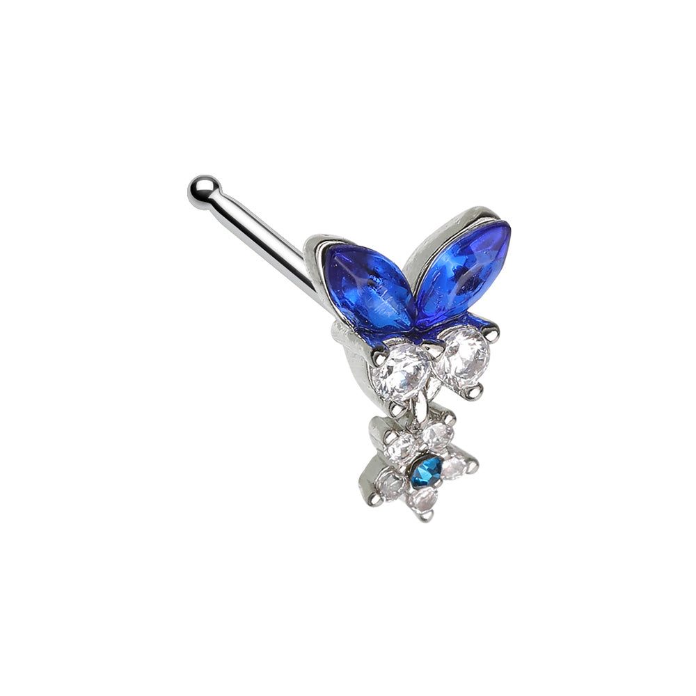 Blue CZ Crystal Butterfly with Dangling Flower Nose Bone Stud - 316L Stainless Steel