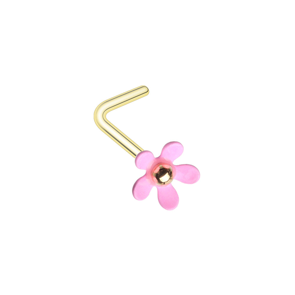 Pink Flower L-Bend Nose Stud - Gold Plated Stainless Steel